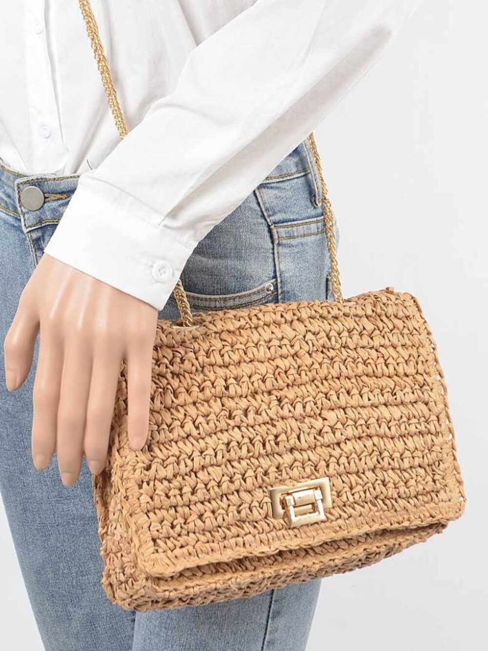 Khaki Straw Bucket Bag with Gold Chain
